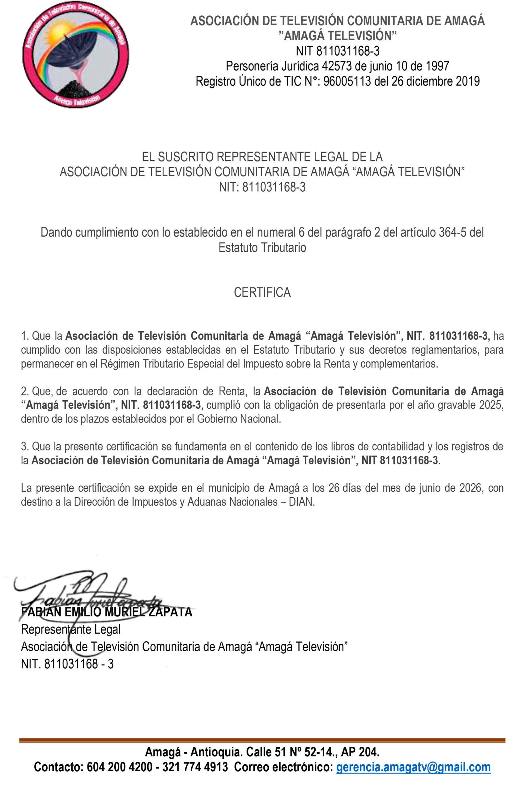 Certificación Régimen Tributario Especial