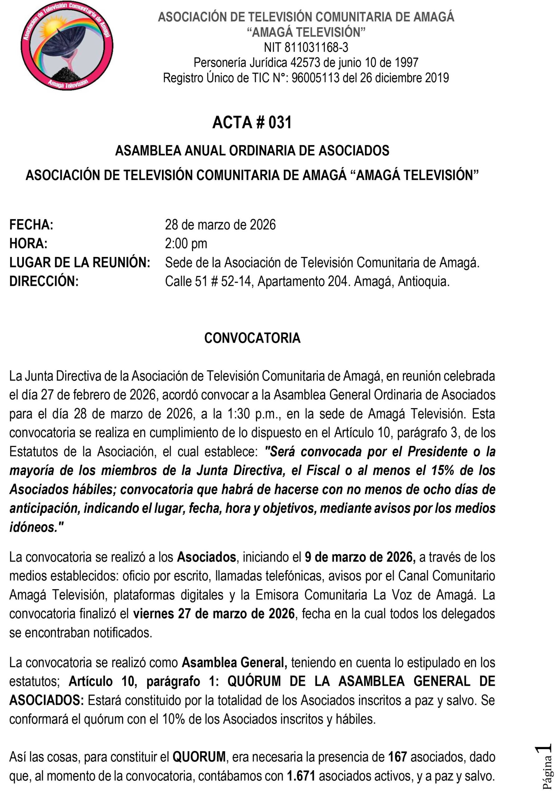 Acta de Asamblea General de Asociados 2026