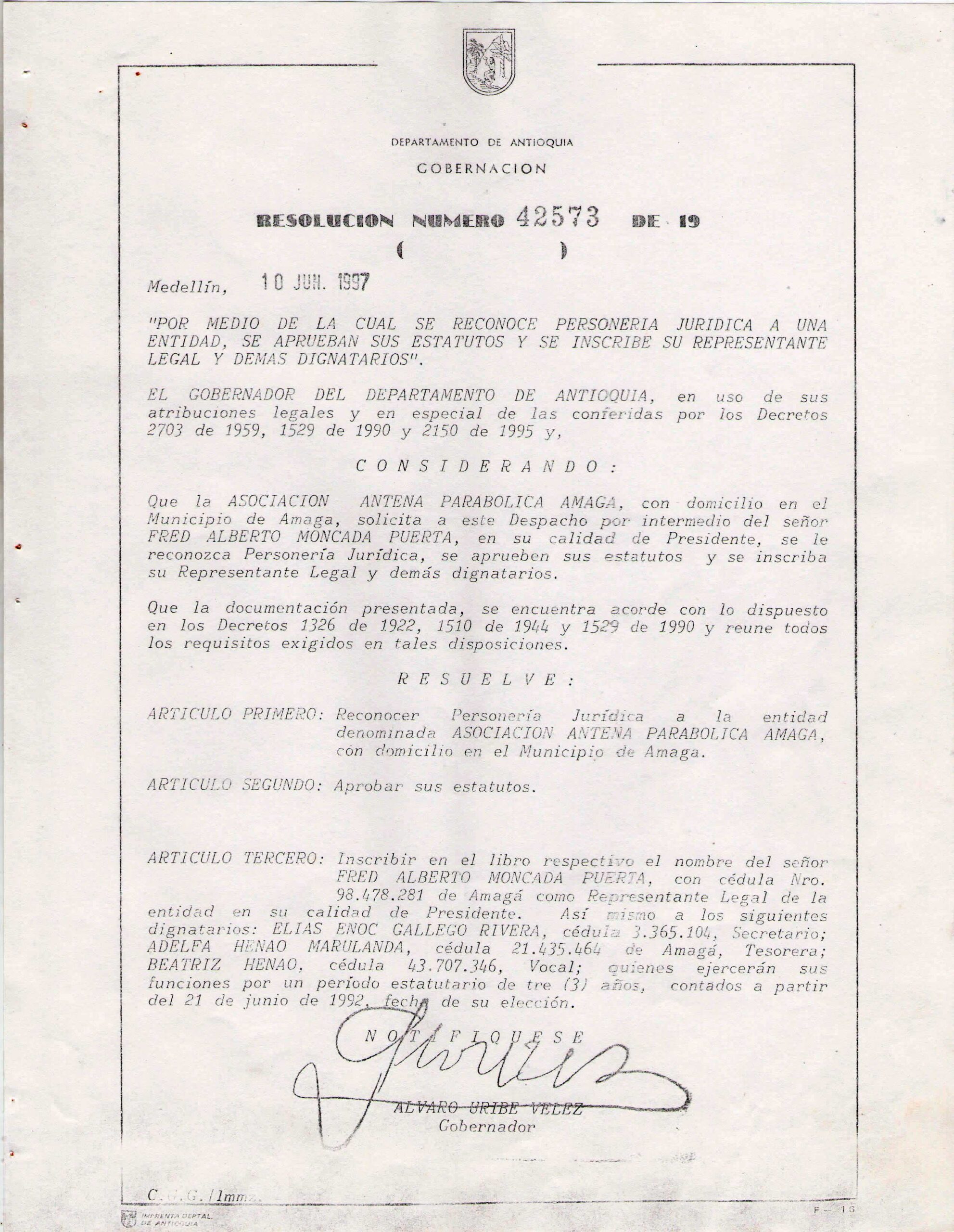 Acta de Constitución de Amagá Televisión